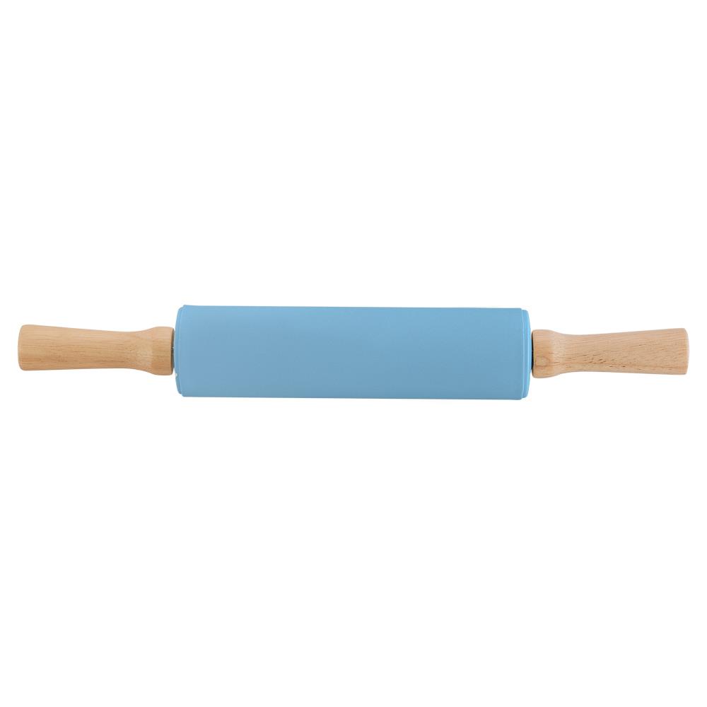 M04-012-B Скалка силиконовая с ручкой из бамбука, голубая.